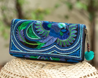 Handcrafted Blue Bird Pattern Hmong Embroidered Wallet/Purse with Pom Pom for Women - WA301BLUB