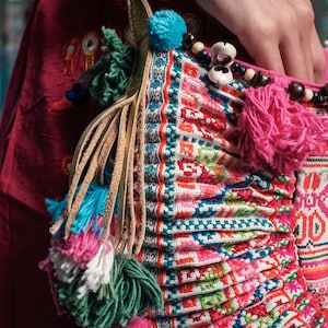 One of a Kind Bohemian Crossbody Bag with Vintage Hmong Embroidered Fabric, Colorful Pom Pom Crossbody Bag, Festival Bag BG0039-00-PIN image 5