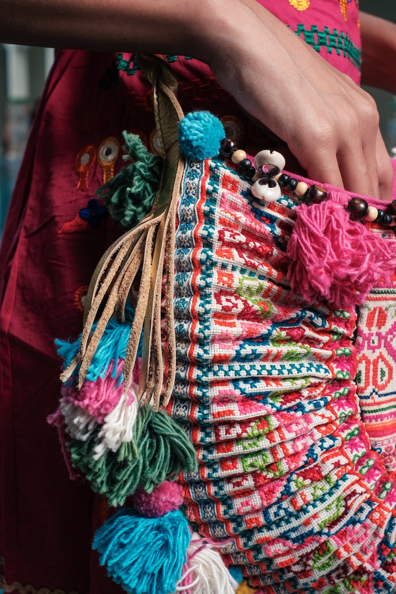 One of a Kind Bohemian Crossbody Bag with Vintage Hmong Embroidered Fabric, Colorful Pom Pom Crossbody Bag, Festival Bag BG0039-00-PIN image 5