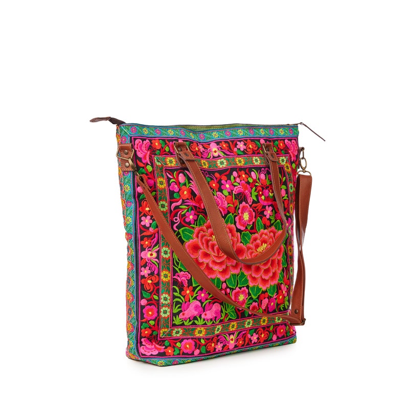 Garden Hmong Embroidered Women's Tote Bag Large Size, Boho Beach Tote Bag with Leather Crossbody Strap BG0055-01-BLA image 4