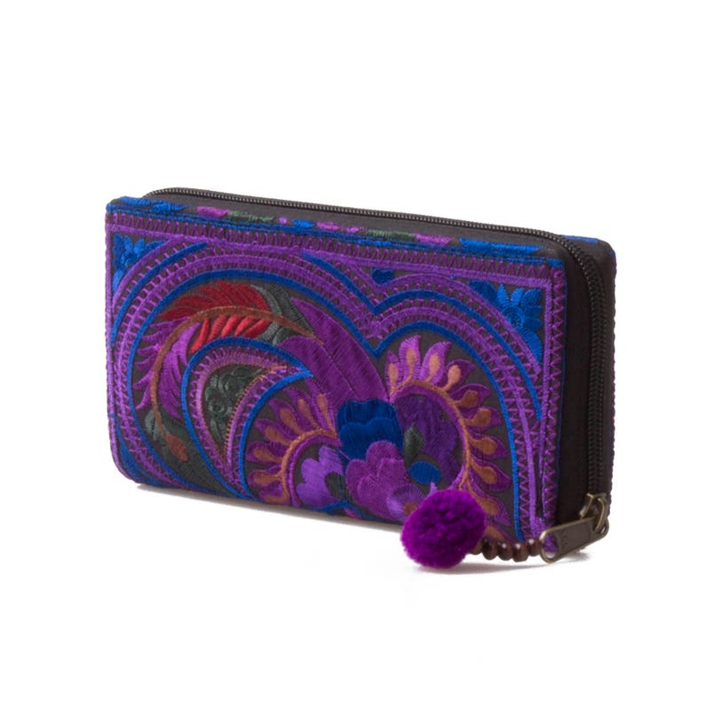 One of a Kind Hmong Hill Tribe Embroidered Women Wallet Purse with Pom Pom Zip Pull WA301PURB image 2