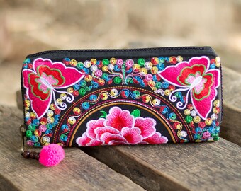 Butterfly Pattern Long Wallet, Boho Hmong Tribal Embroidered Purse with Pom Pom Zip Pull - WA301BG1RED