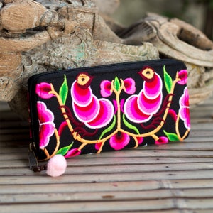 Black Boho Wallet/Purse for Women with Hmong Hill Tribe Embroidered with Pom Pom Zip Pull - WA301BLAW