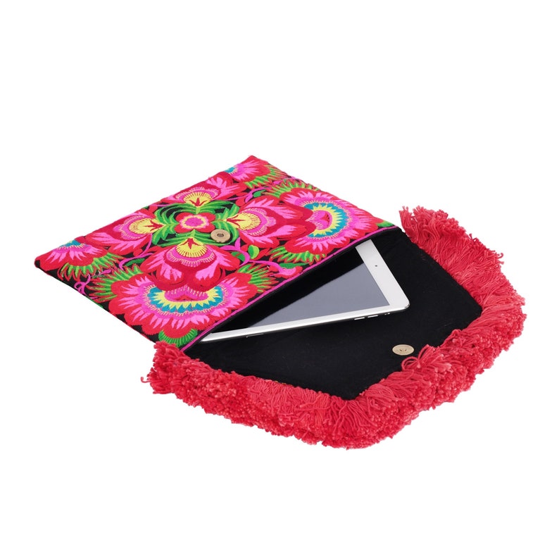 Flower Tassels Clutch Bag/iPad Holder with Hmong Tribes Embroidered Fabric, Boho Clutch Bag, Festival Bag in Red BG0040-01-RED image 6