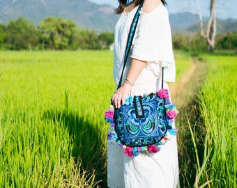 Blue Bird Embroidered Hmong Sling, Thai Crossbody, Handmade Boho Purse - BG68BLUB