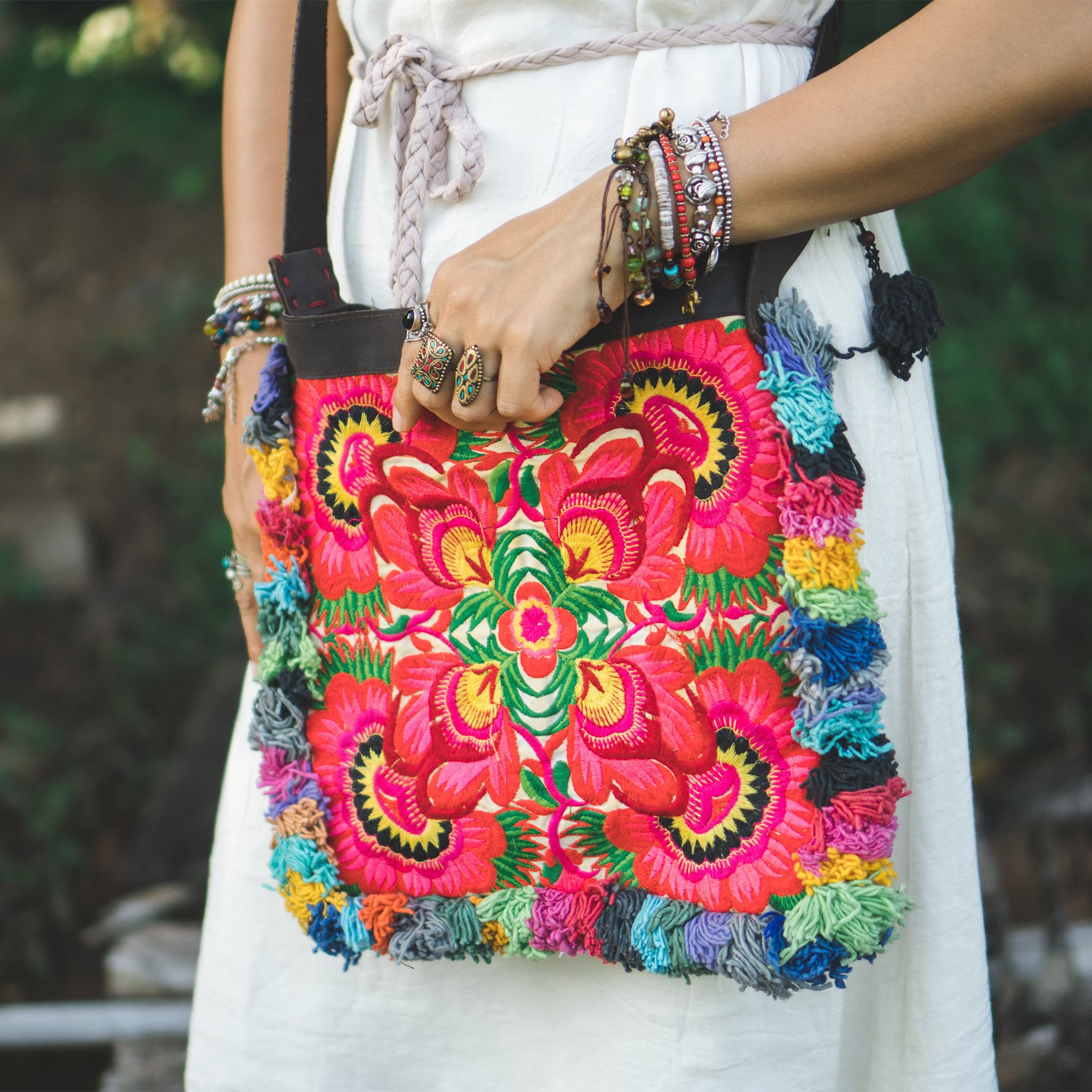 Floral Hmong Embroidered Crossbody Bag, Colorful Boho Sling 