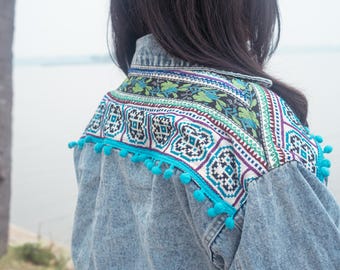 Vintage Boho Hmong Embroidered Denim Jacket, Handmade Festival Outerwear, Unique Style - CL05VBLU