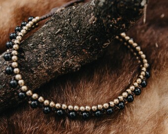 Handmade Black Onyx Brass Bead Anklet, Bohemian Style - JE12BLA