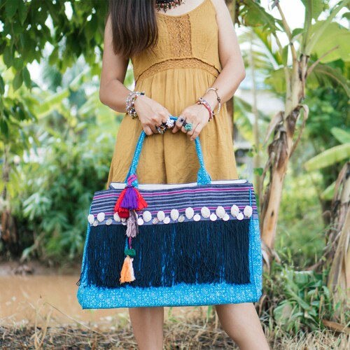 Fringe Tote Bag for Women in Blue, Handcrafted shops Ethnic Beach Boho Bag, One of a Kind Shoulder Bag with Black Tassels - BG0013-00-BLU