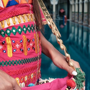 One of a Kind Bohemian Crossbody Bag with Vintage Hmong Embroidered Fabric, Colorful Pom Pom Crossbody Bag, Festival Bag BG0039-00-PIN image 6