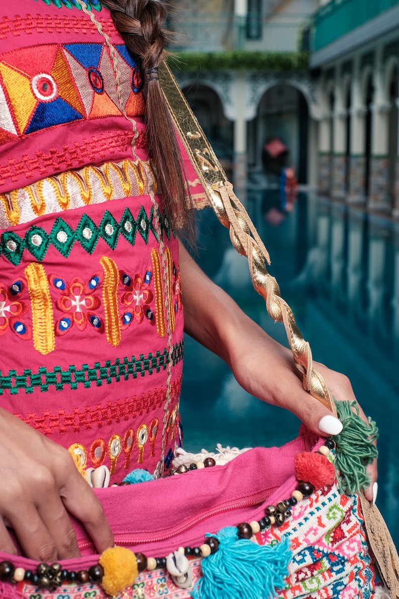 One of a Kind Bohemian Crossbody Bag with Vintage Hmong Embroidered Fabric, Colorful Pom Pom Crossbody Bag, Festival Bag BG0039-00-PIN image 6