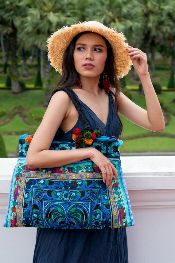 Bohemian Hmong Bag - Blue Bird Embroidered Shoulder Bag