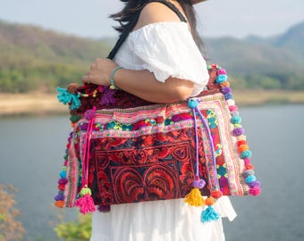 Boho Hmong Embroidered Tote Bag, Red Bird Thai Shoulder Bag, Pom Poms Tassels