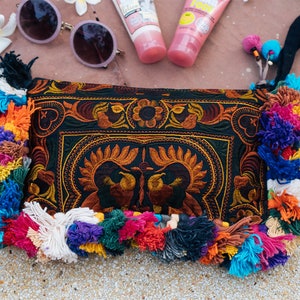 Hmong Clutch Bag, Boho Cosmetic Bag, Woman Purse with Embroidery, Colorful Tassels Purse for Woman, Bohemian Style Clutch - BG0035-02-MOC