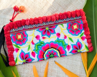 Rote Pom Pom Damen Clutch Tasche, Hmong Tribes Bestickte Clutch Tasche, Handwerker Handtasche, Festival Clutch Tasche, Einzigartige Geschenke - BG308WHIWPPR