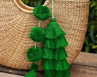 Green Tassels Pom Pom Zipper Charm for Bag, Unique Tassels Keychain, Pom Pom Tassels Bag Charm, Tassels Accessory for Purse - AC1002-GRE