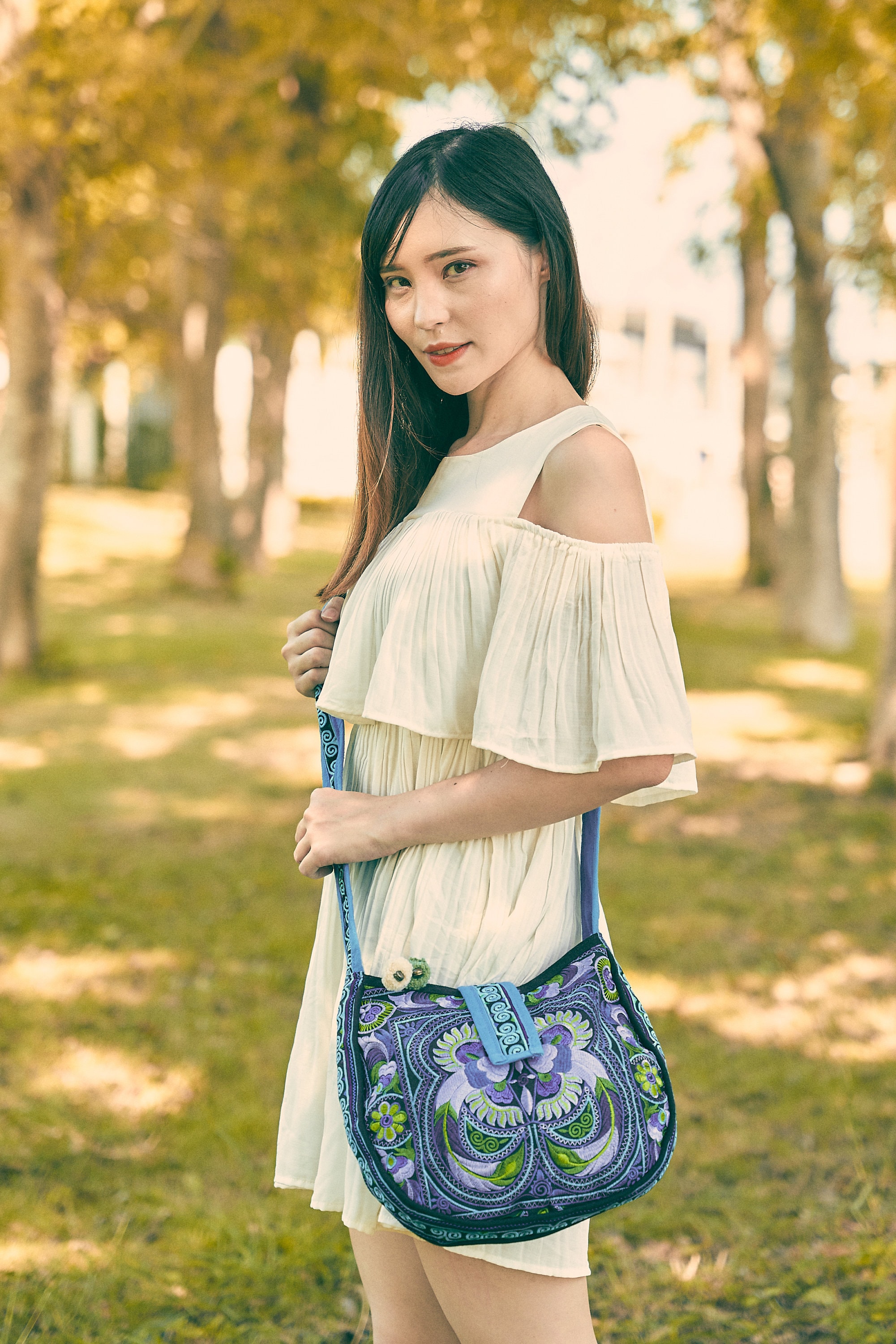 Handcrafted Blue Bird Pattern Hmong Embroidered Crossbody Bag, Round Crossbody Bag for Women, Boho Crossbody Bag - BG303BLUBLS