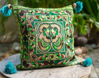 16x16 Green Bird Hmong Embroidered Cushion Cover, Handmade Boho Decorative Pillowcase from Thailand
