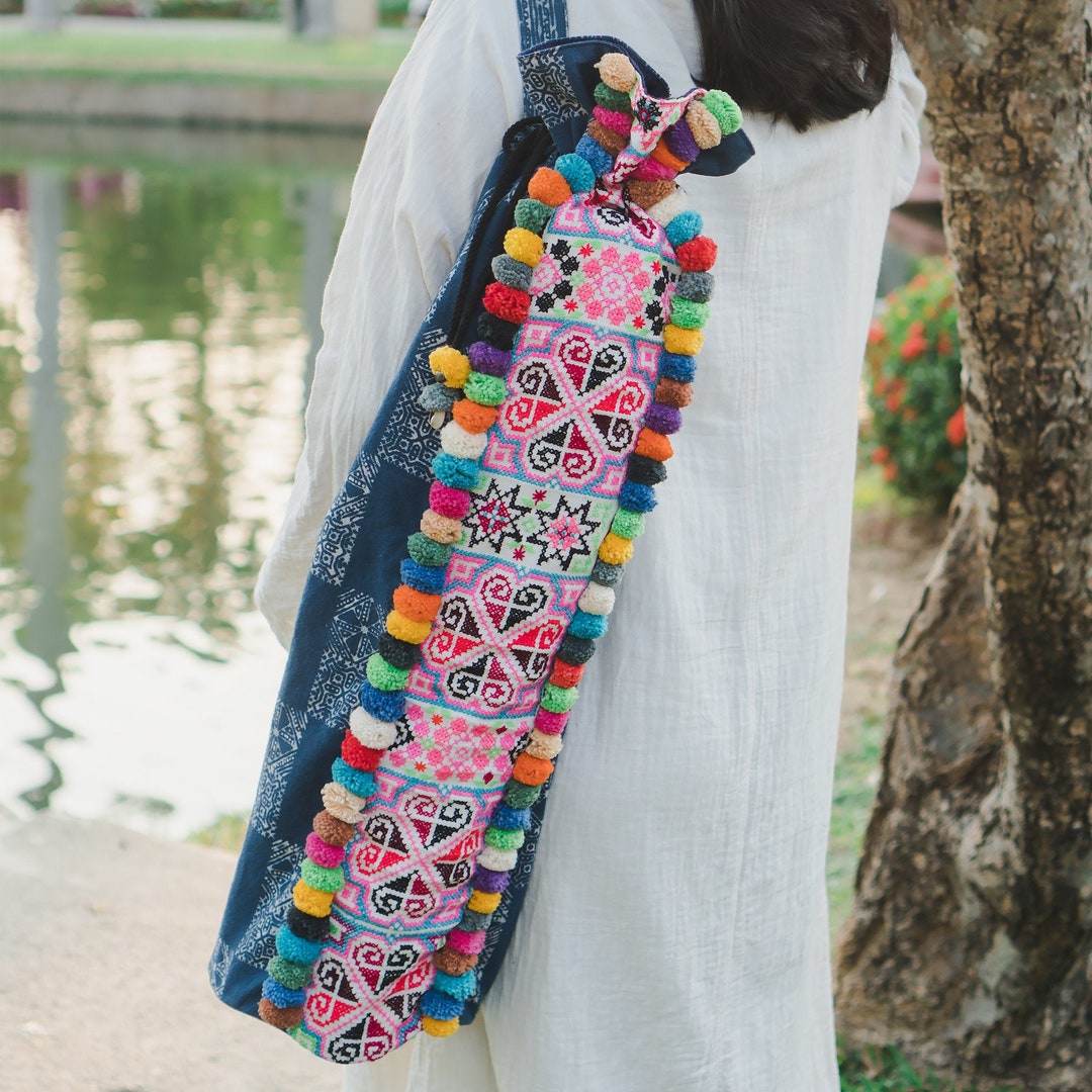 Ethnic Yoga Mat Bag With Diamond Hmong Embroidered in Yellow, Yoga Mat Bag  for Women, Handcrafted Yoga Mat Bag BG316ORGDIA 