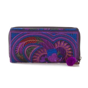 One of a Kind Hmong Hill Tribe Embroidered Women Wallet Purse with Pom Pom Zip Pull WA301PURB image 3