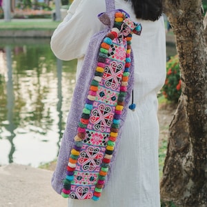 Unique Embroidered Yoga Mat Bag with Colorful Pom Pom,  Yoga Mat Carrier, Handcrafted Tribal Yoga Sling in Purple - BG519BAPUR