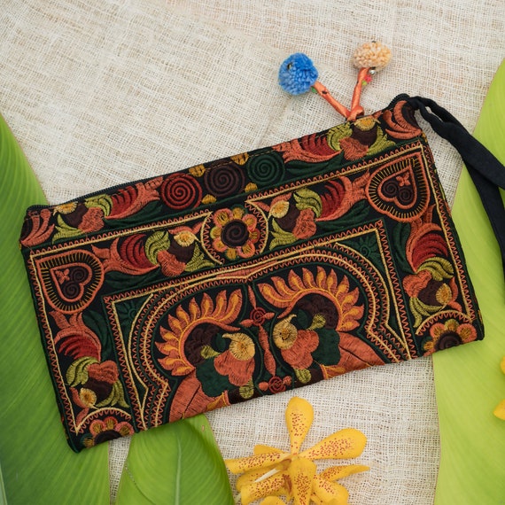 Mocha Tribal Bird Pattern Hmong Embroidered Clutch Bag Unique | Etsy