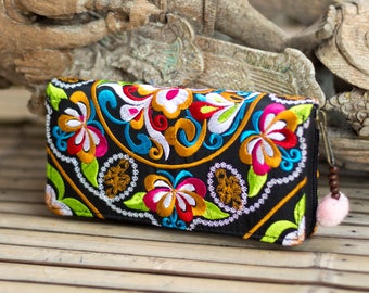 Beautiful Garden Woman's Hmong Wallet Unique Embroidered Fabric from Thailand - WA301FU1BLA