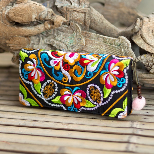 Beautiful Garden Woman's Hmong Wallet Unique Embroidered Fabric from Thailand - WA301FU1BLA