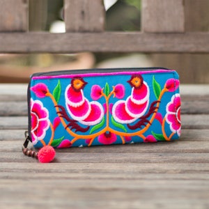 Handcrafted Women Wallet with Hmong Embroidered,  Purse for Women in Blue, Pom Pom Wallet, Gift Wallet for Women - WA301BLUW