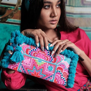 Blue Pom Pom Clutch Bag, Boho Wristlet with Hmong Hill Tribe Embridered Star Pattern, Festival Purse, Bohemian Bag BG0041-00-BLU image 2