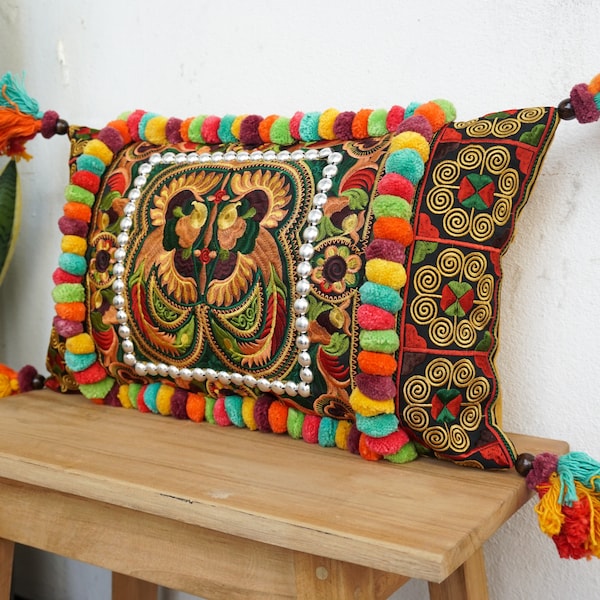 Yellow Bird Hmong Embroidered Pillow Cover with Pom Poms, Thai Cushion Cover (12x20) - CS11ORGB