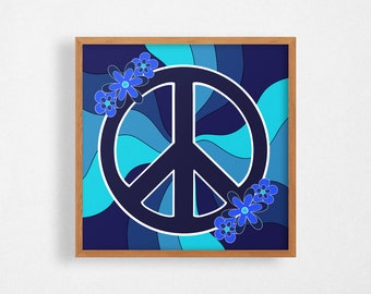 Peace Sign Art Print Blue, 70s Wall Art, 60s Wall Art, Groovy Print, Colorful Wall Art