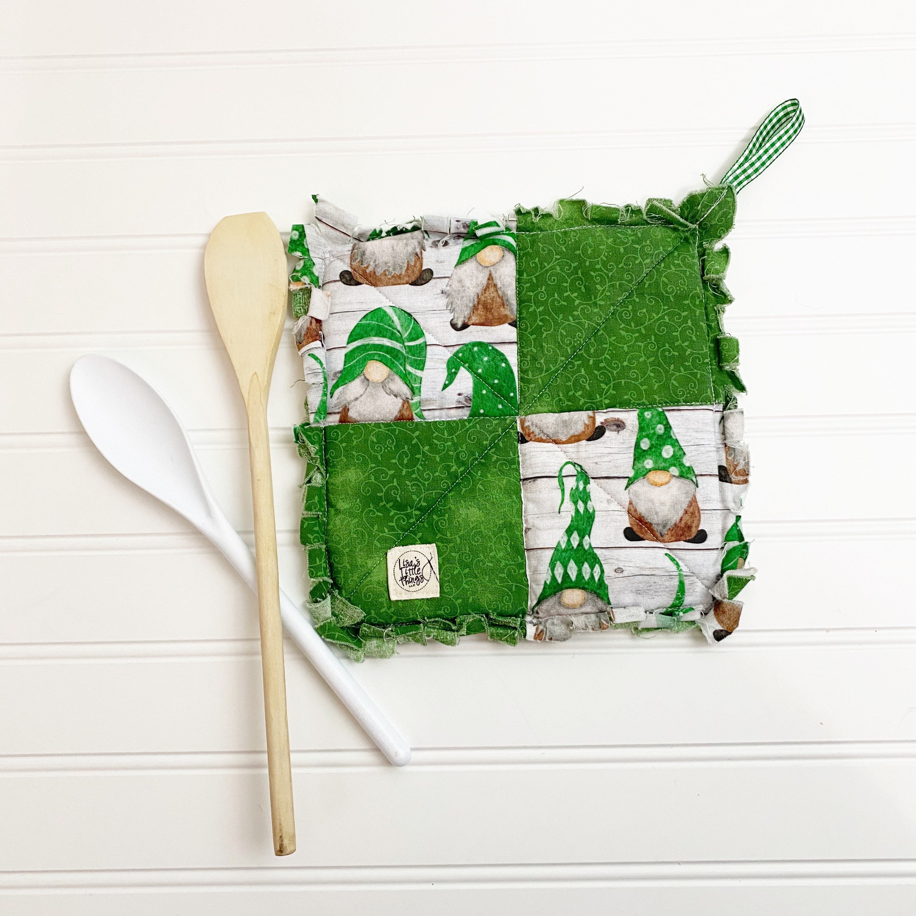 Green gnome patchwork quilted potholders Gnome theme pot Etsy