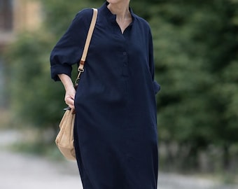 Navy Linen Long Sleeve Maxi Dress Relaxed Kaftan Shirt Style