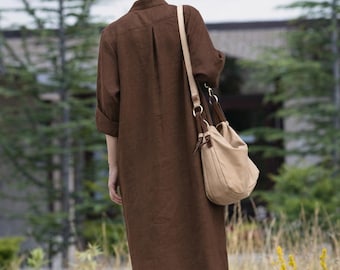 Brown Linen Shirt Maxi Dress Loose Fit Long Sleeve Kaftan