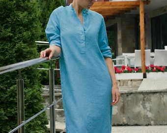 Turquoise Linen Kaftan Maxi Dress Loose Long Sleeve Summer Wear