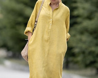 Mustard Linen Maxi Shirt Dress Long Sleeve Kaftan Style