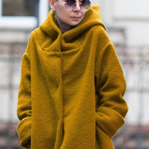 Boiled Wool Hooded Coat: Asymmetrical Winter Cardigan Jacket