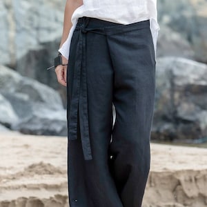 Black Linen Wrap Pants for Women, Wide Leg Palazzo Trousers with Side Tie and Pockets, Relaxed Fit Boho Summer Clothing, Clothing for women