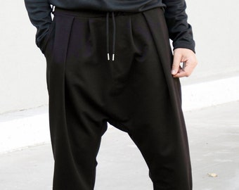 Black Harem Pants Men – Drop Crotch Cotton Yoga Trousers, Loose Baggy Boho Style