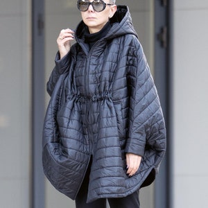 Asymmetrical Quilted Cape Coat: Women&#39;s Hooded Winter Jacket