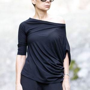 Dolman Sleeve Jersey Top for women, Asymmetrical blouse, Batwing Sleeve Blouse, Off The Shoulder, 3/4 Sleeve, Black Casual top, Top Tunic