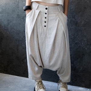 Linen Harem Pants: Women&#39;s Drop Crotch Baggy Trousers, Plus Size Available