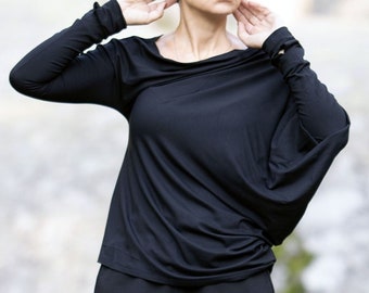 Dolman Sleeve Jersey Top for women, Asymmetrical blouse, Batwing Sleeve Blouse, Off The Shoulder, Long Sleeve, Black Casual Top Tunic