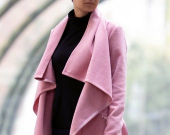 Pink Wool Coat/ Lightweight Women's Coat/ Asymmetric Wool Coat/ Elegant Coat/ Occasion Coat/ Soft Women's Coat/ Trend Coat/ Belted Coat/ NEW