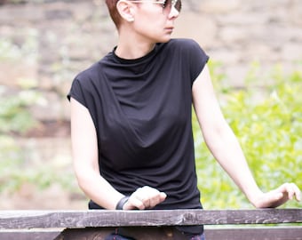 Black Cap Sleeve Blouse Womens Elegant Top