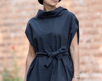 Cotton Dress with Pockets and Belt, Midi Cotton Dress, Knee-length Dress, Black Dress, Short Sleeve Dress, Loose Dress, Vacation dress, NEW