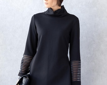 Elegant Black Blouse, High Neck Top, Long Sleeve, Sheer Detail, Cocktail, Formal Wear