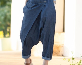 Handmade Drop Crotch Linen Harem Pants: Boho Summer Trousers