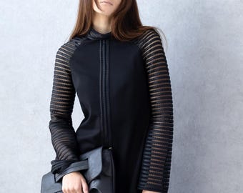 Black Blouse Cocktail Top Sheer Sleeves High Neck Party Shirt Formal Event Elegant Outfit
